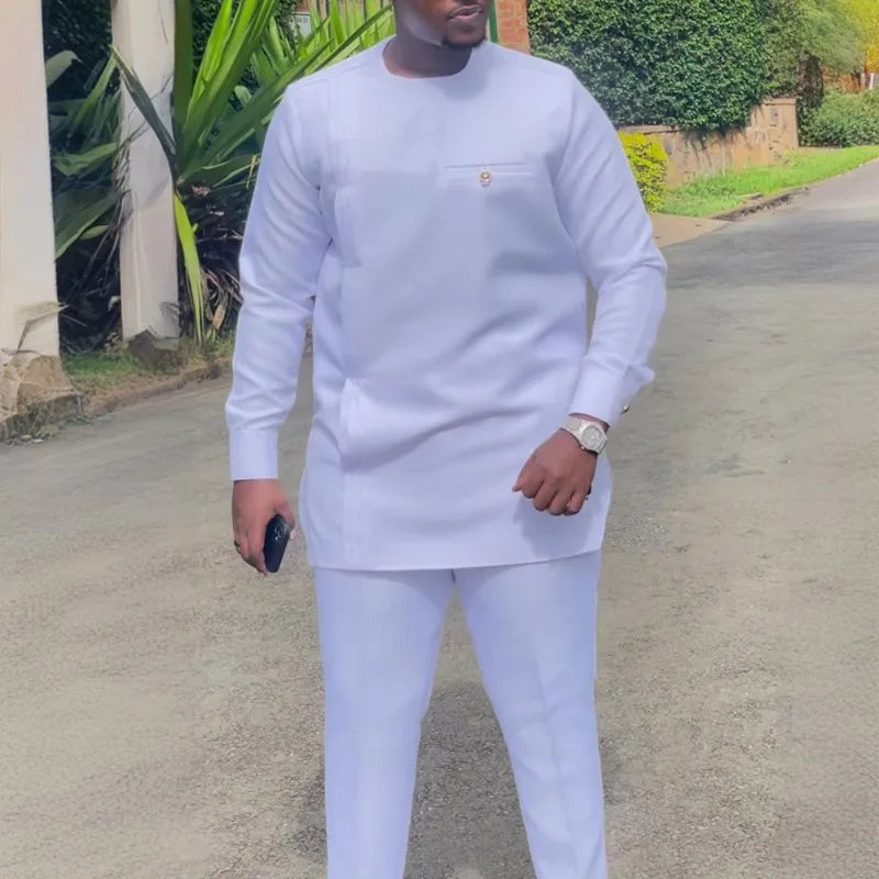 Costume de mariage traditionnel africain musulman pour homme, ensemble 2 pièces, haut à col rond à manches longues et pantalon, tenue formelle pour le marié118