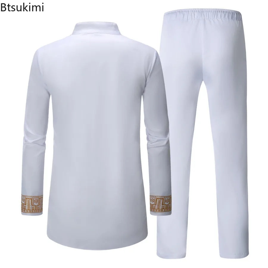 Vêtements traditionnels pour hommes, ensembles africains deux pièces, chemises à manches longues à col montant imprimées, pantalons, streetwear 2026, tenue ethnique africaine