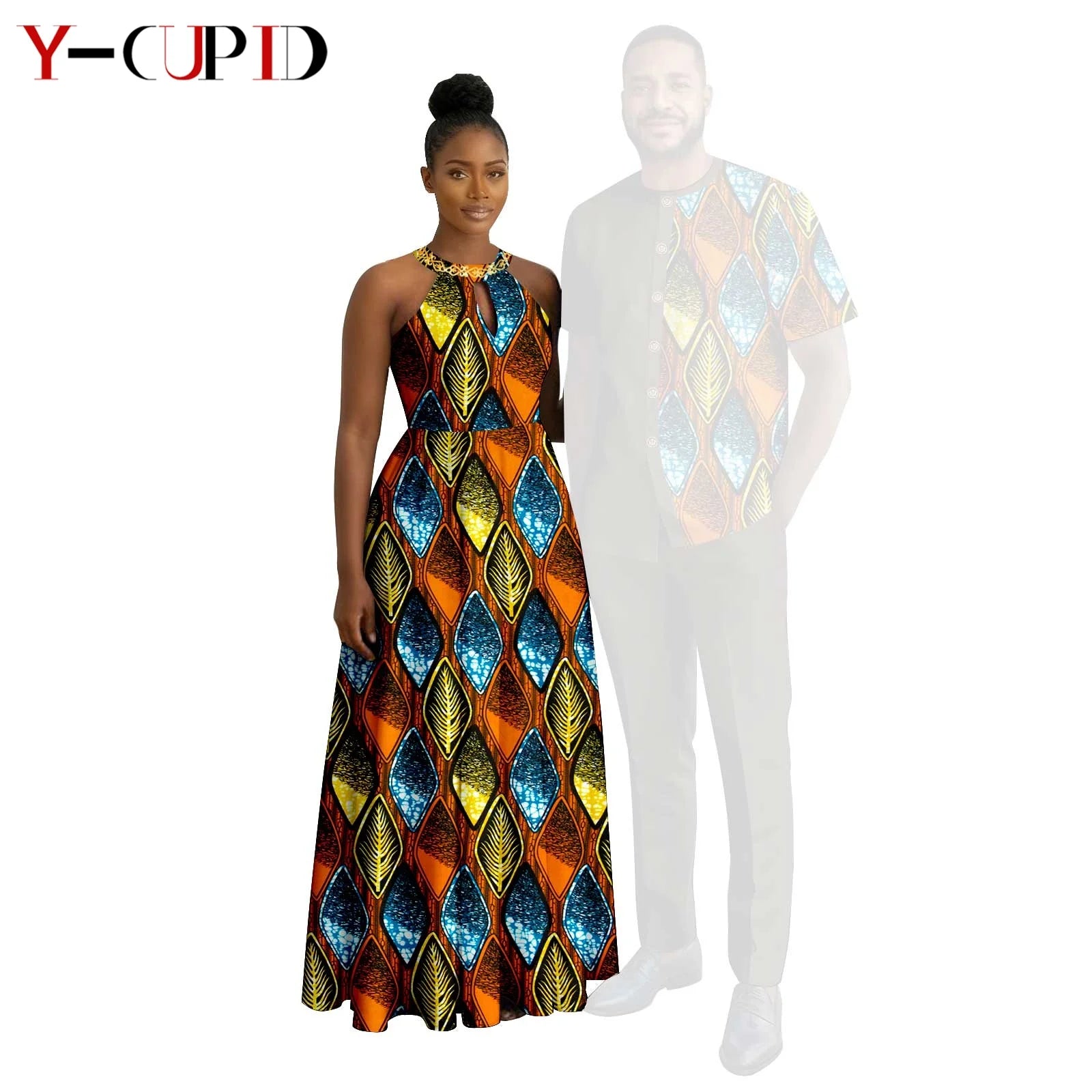 Robes africaines à imprimé Halter pour femmes, tenues assorties pour hommes, ensembles chemise et pantalon, vêtements de couple africains pour fête 26C005