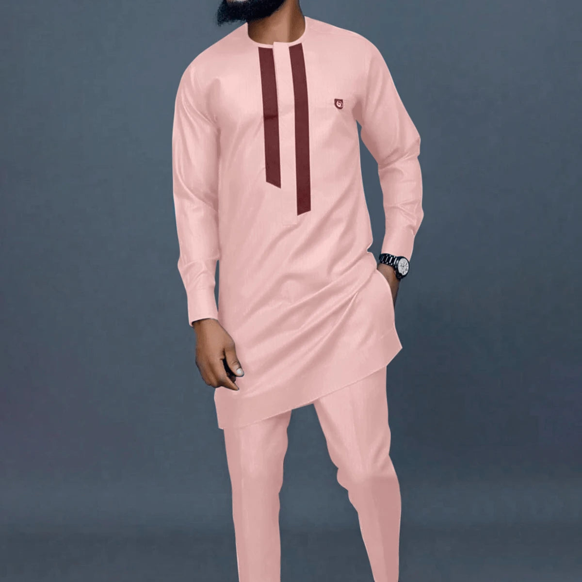 Vêtements pour hommes africains costume deux pièces pantalon ensemble col rond couture couleur unie manches longues Festival Style ethnique social