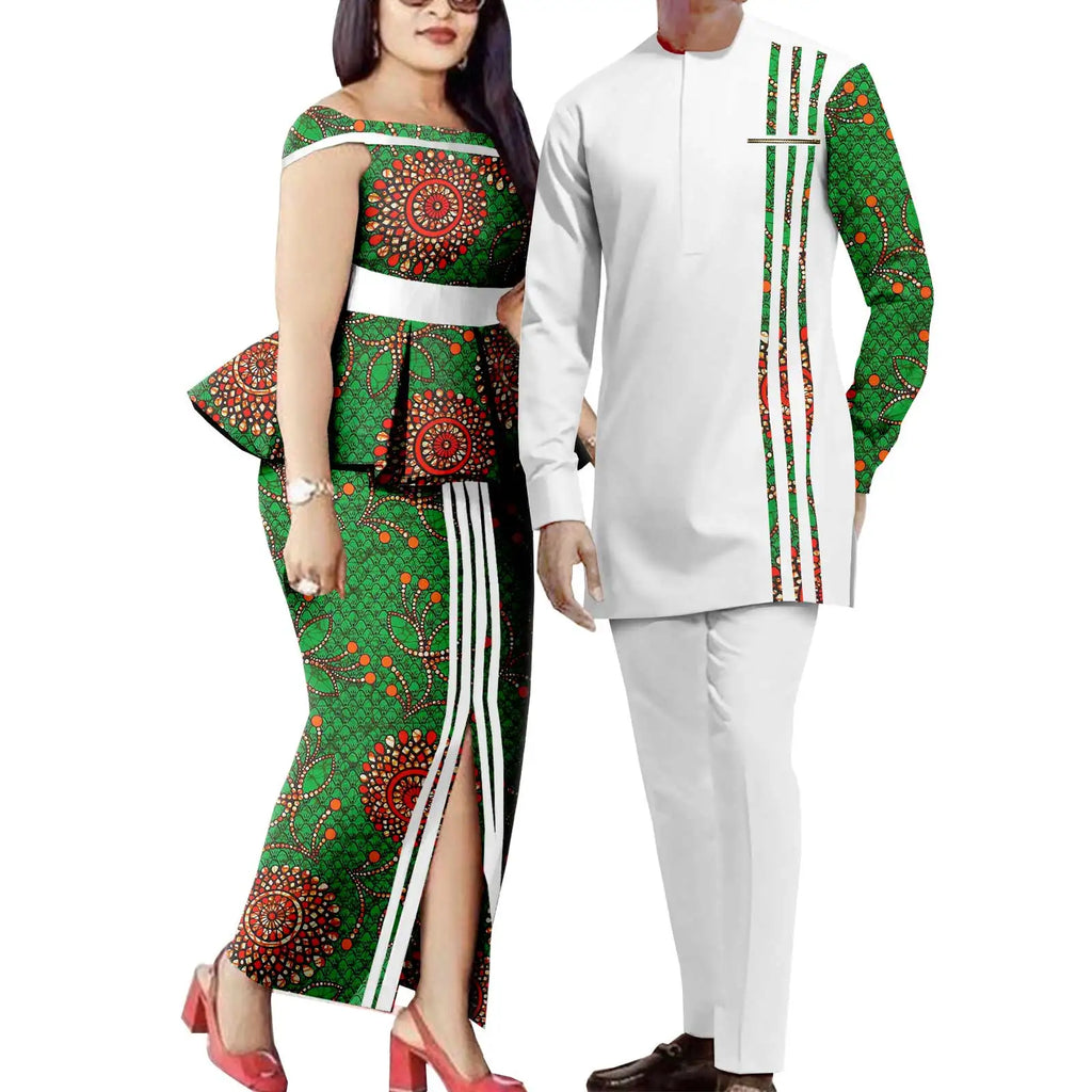 Tenues de couple assorties pour hommes, ensembles chemises et pantalons, robes africaines Dashiki pour femmes, haut et jupes fendues pour mariage, Y23C006