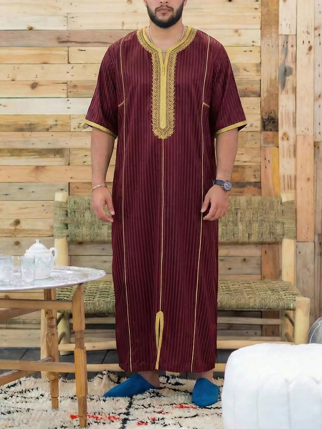 Gandoura marocaine pour hommes musulmans, thobe ample à manches courtes, broderie magnifique, vêtements traditionnels islamiques confortables pour hommes, pour les fêtes