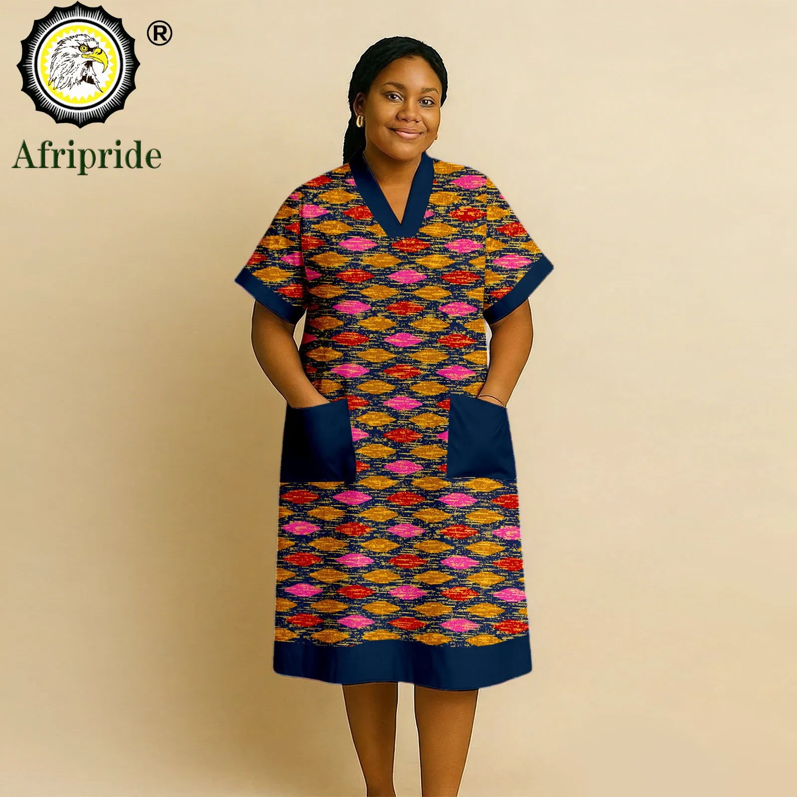 African Dresses for Women Short Sleeve V-Neck High Waist Pocket Elegant Fashion Ankara Attire Floral Printed Dresses 2625032