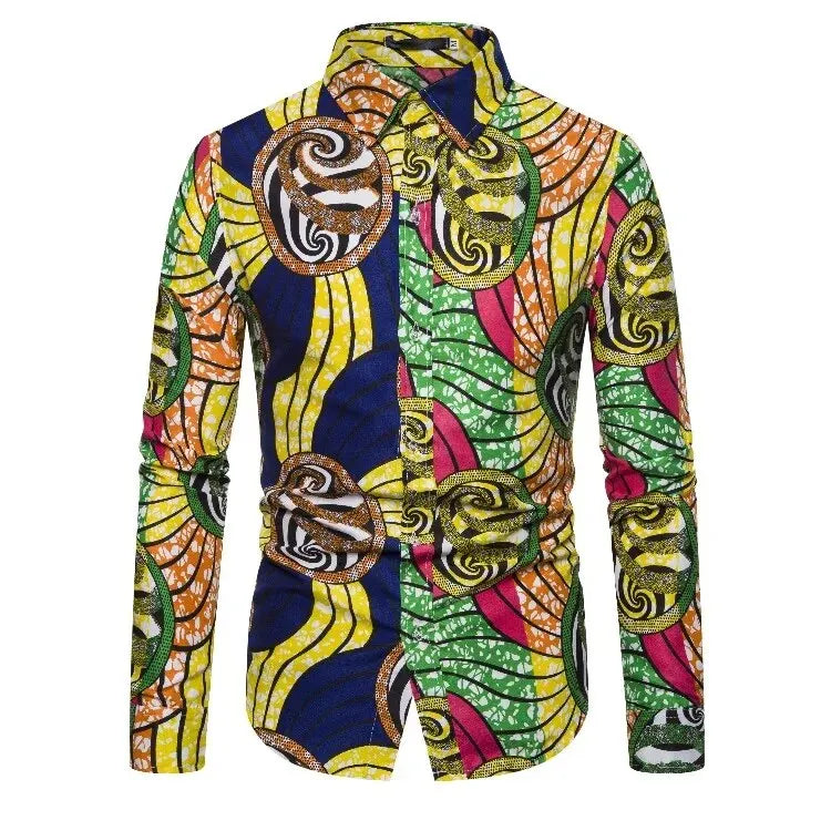 Chemises pour hommes imprimées traditionnelles africaines chemisiers décontractés à simple boutonnage chemise à manches longues Streetwear tendance hauts à revers vêtements pour hommes