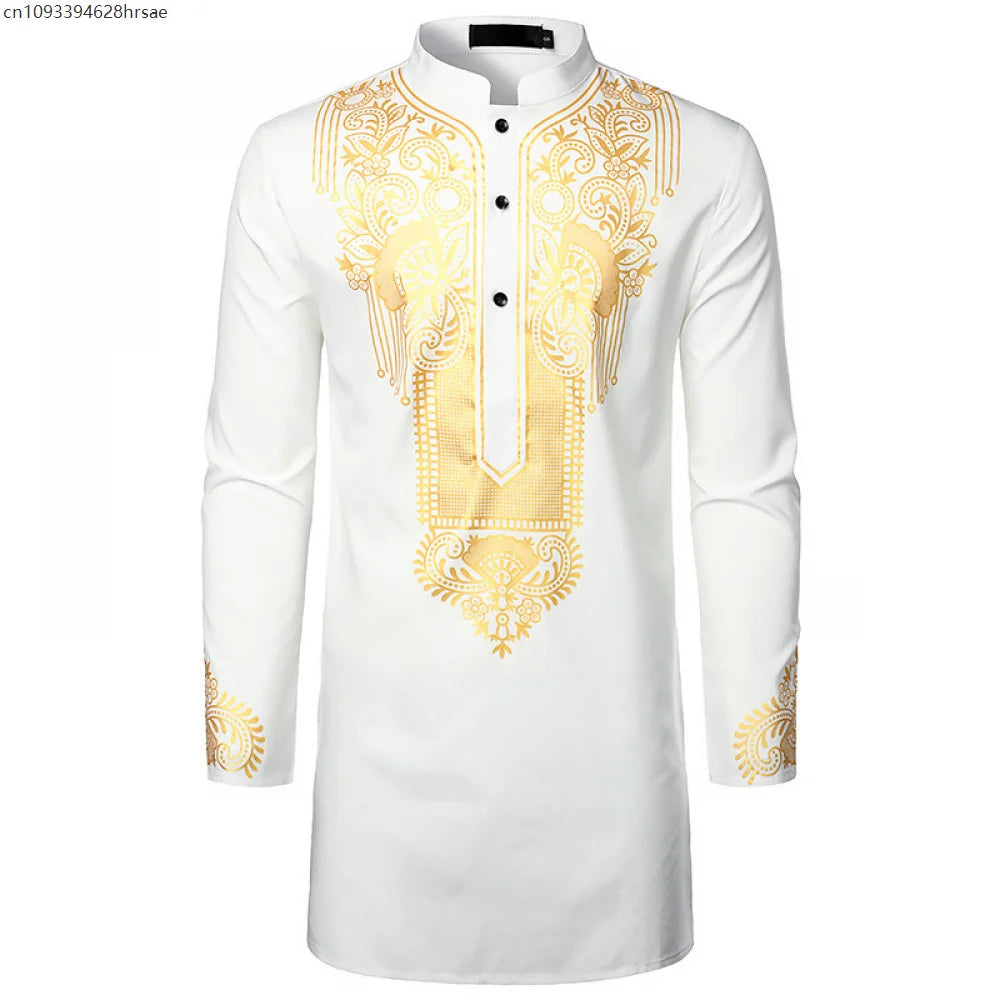 Chemise africaine traditionnelle pour hommes, imprimé fleurs dorées, chemise à manches longues, tenues ethniques décontractées, Streetwear africain de mariage