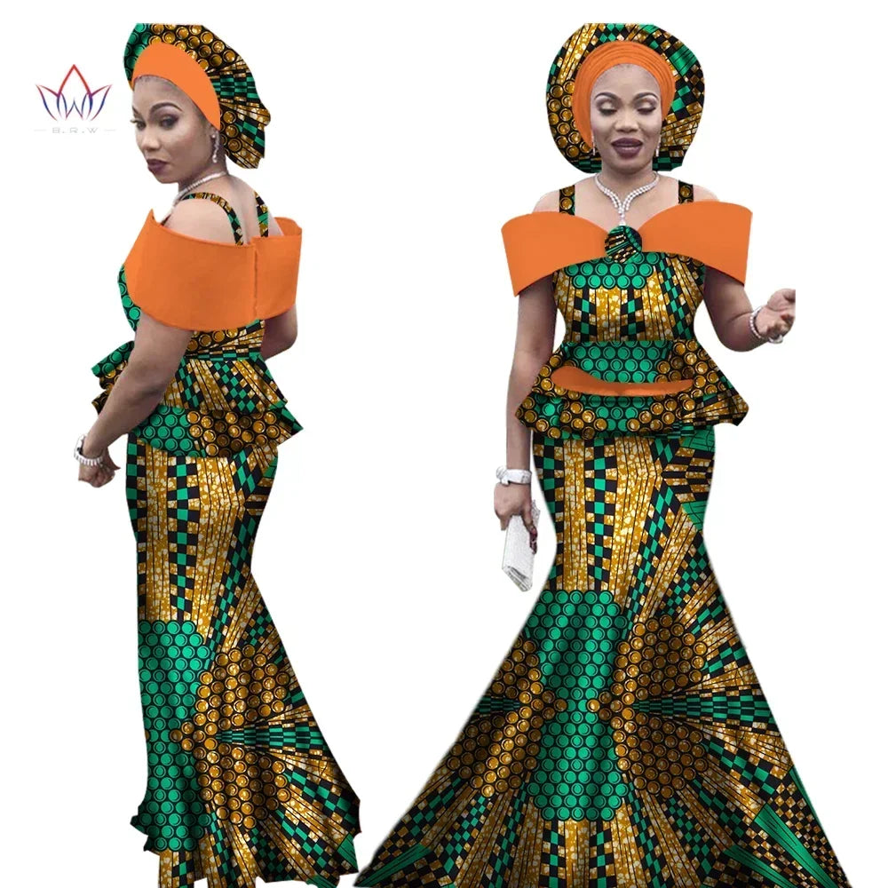 African Outfits with Headtie for Women Dashiki Bazin Print Strap Tops and Long Skirts Women Set African Clothing WY3113