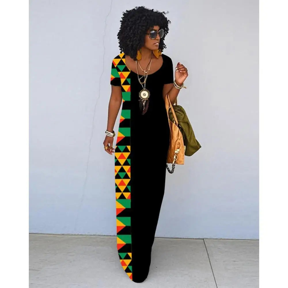 African Ethnic Print Dress For Women Summer Retro Literary Slim Dress Fashionable Daily Travel Loose Short-sleeved Long Dress