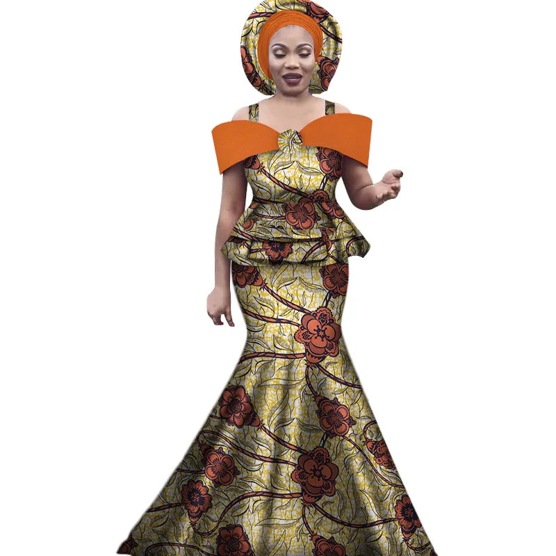 African Outfits with Headtie for Women Dashiki Bazin Print Strap Tops and Long Skirts Women Set African Clothing WY3113