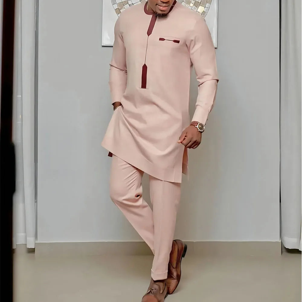 Vêtements pour hommes africains costume deux pièces pantalon ensemble col rond couture couleur unie manches longues Festival Style ethnique social