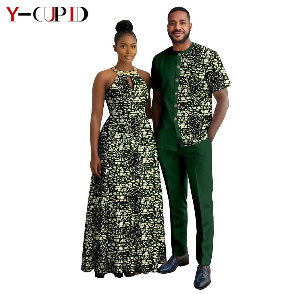 Robes africaines à imprimé Halter pour femmes, tenues assorties pour hommes, ensembles chemise et pantalon, vêtements de couple africains pour fête 26C005