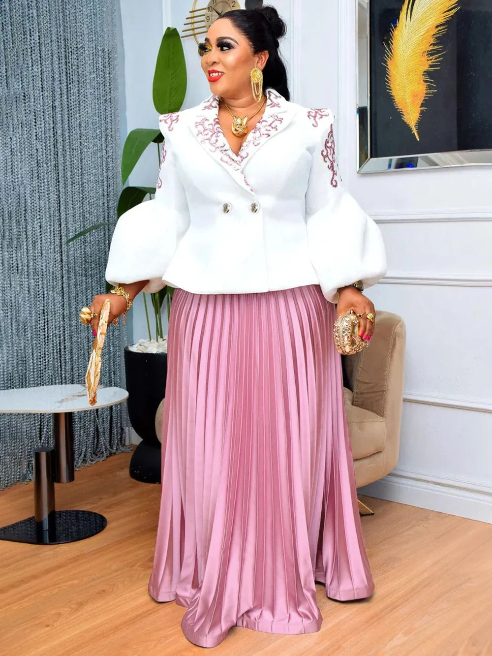 African Clothes For Women 2 Piece Matching Long Sleeve Tops And Pleated Skirt Suit Party Evening Dress Wedding Guest Attire Robe