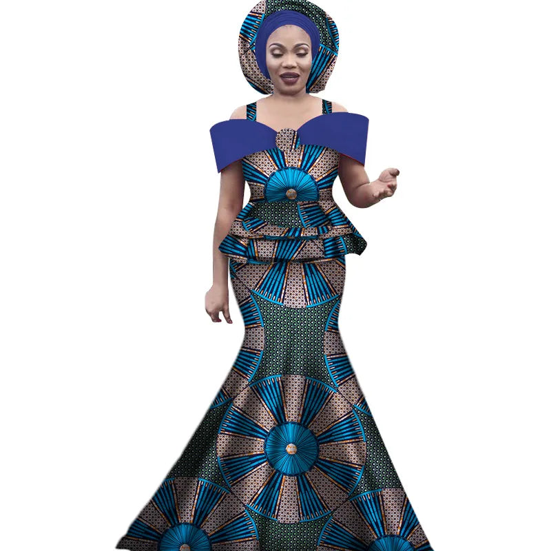 African Outfits with Headtie for Women Dashiki Bazin Print Strap Tops and Long Skirts Women Set African Clothing WY3113
