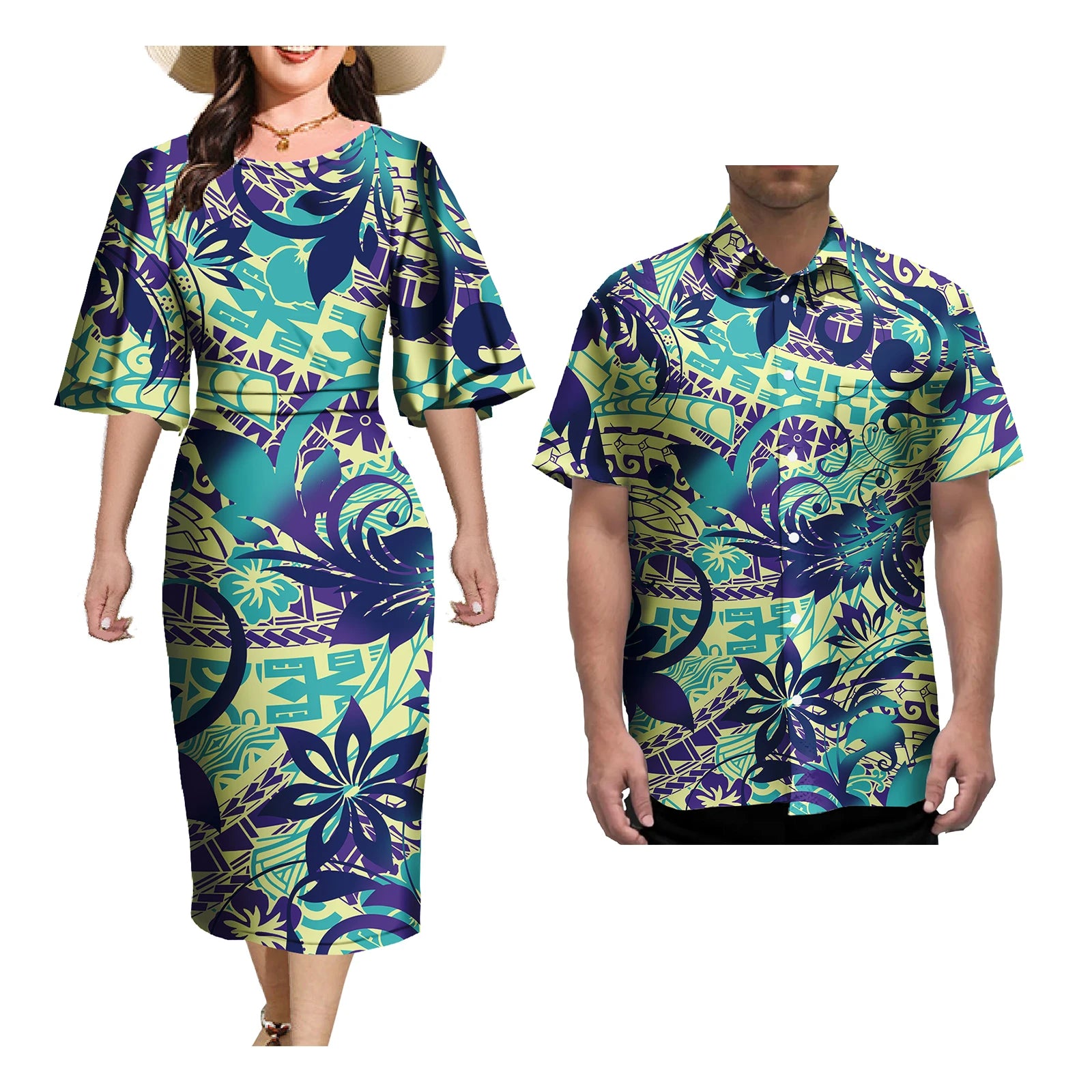 Ensemble de Tenue de Couple pour Femme et Homme, Robes Élégantes, Jupe Sexy, Tatouage Samoa, Imprimé, Décontracté, Assortie