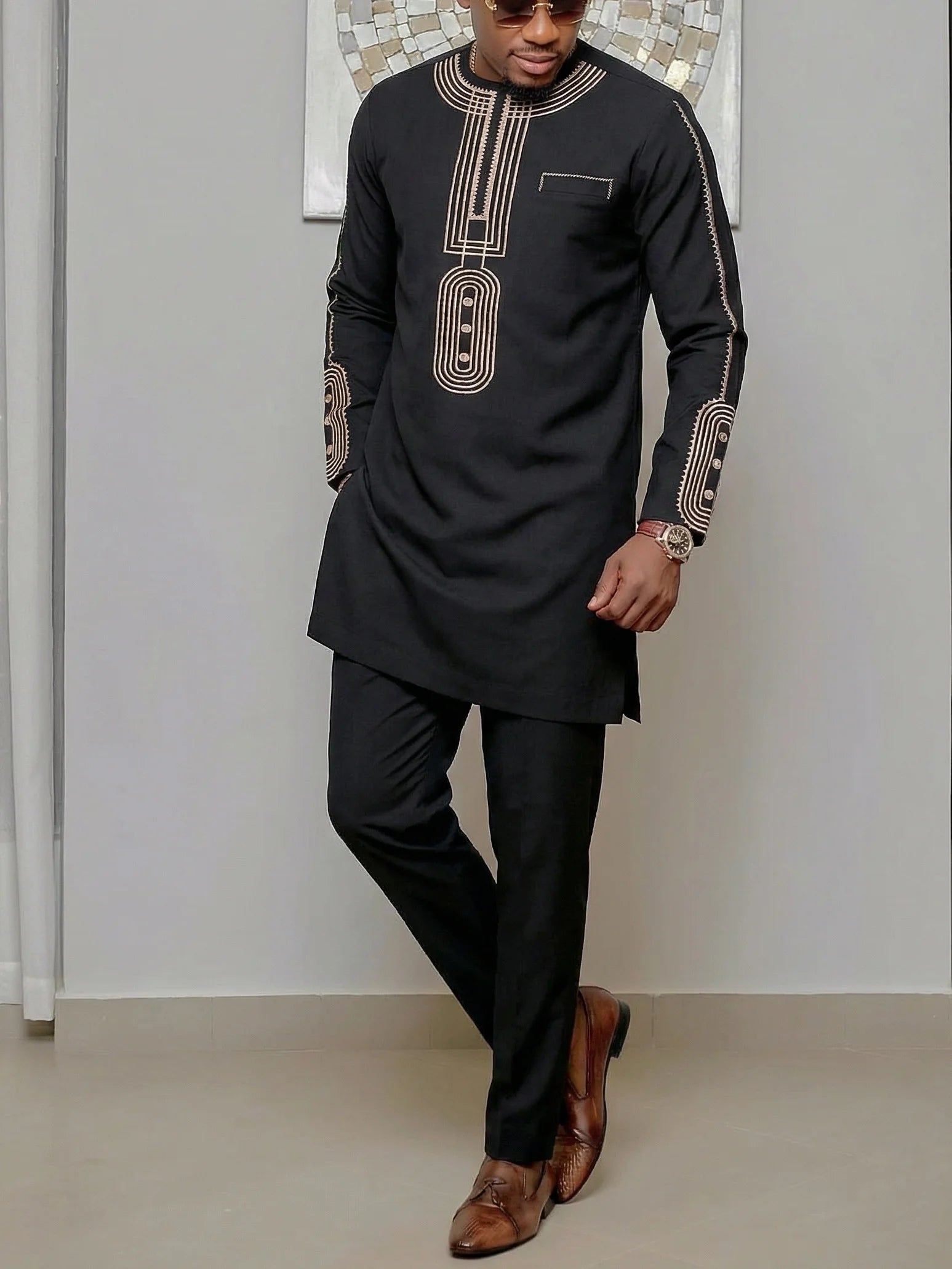 Ensemble Kaftan pour homme, costume Kaunda, haut à col rond à manches longues, pantalon, tenue traditionnelle africaine pour homme, ensemble de vêtements 2 pièces, ensembles de mariage, décontracté