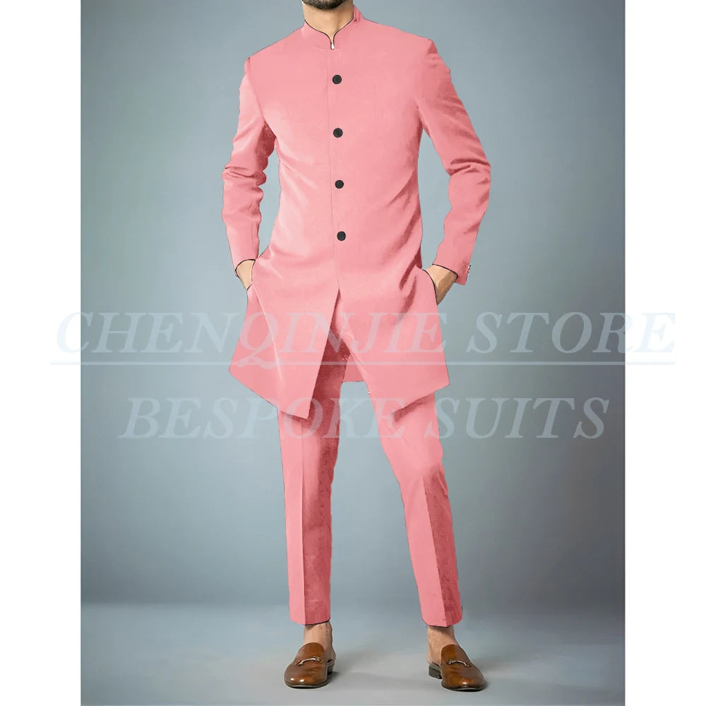 Costumes africains à simple boutonnage pour hommes, vêtements masculins de haute qualité, veste et pantalon, coupe couvertes, revers debout, bleu marine, tenues 2 pièces