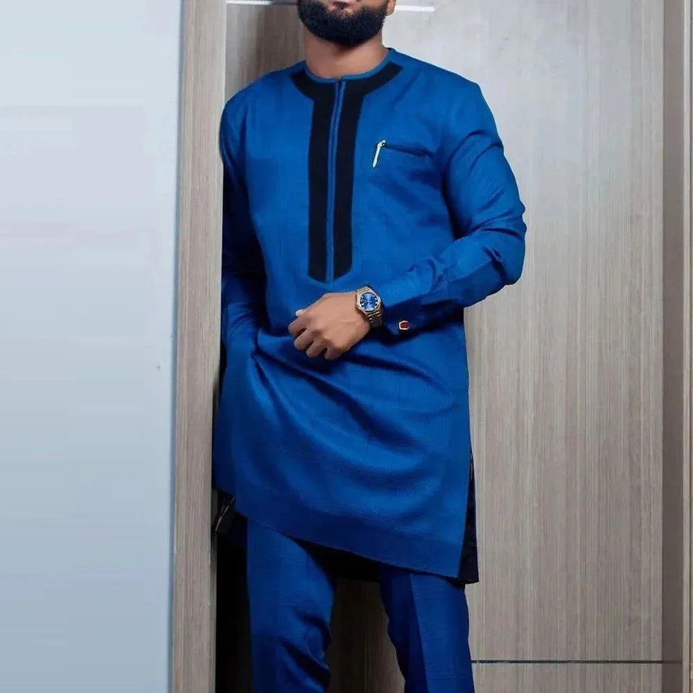 Ensemble 2 pièces ethnique africain pour hommes, décontracté, manches longues, couleur unie, chemise et pantalon, confortable, vêtements de détente, nouvelle collection automne 2024