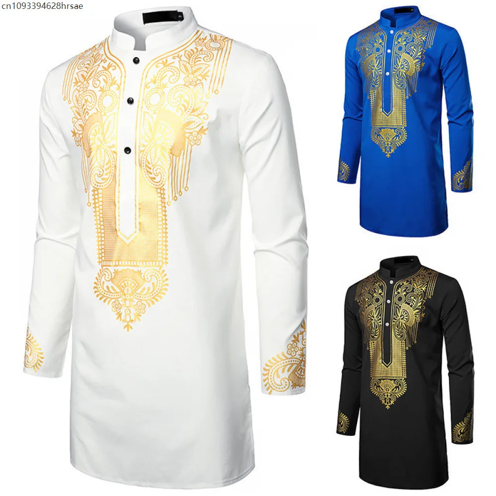 Chemise africaine traditionnelle pour hommes, imprimé fleurs dorées, chemise à manches longues, tenues ethniques décontractées, Streetwear africain de mariage