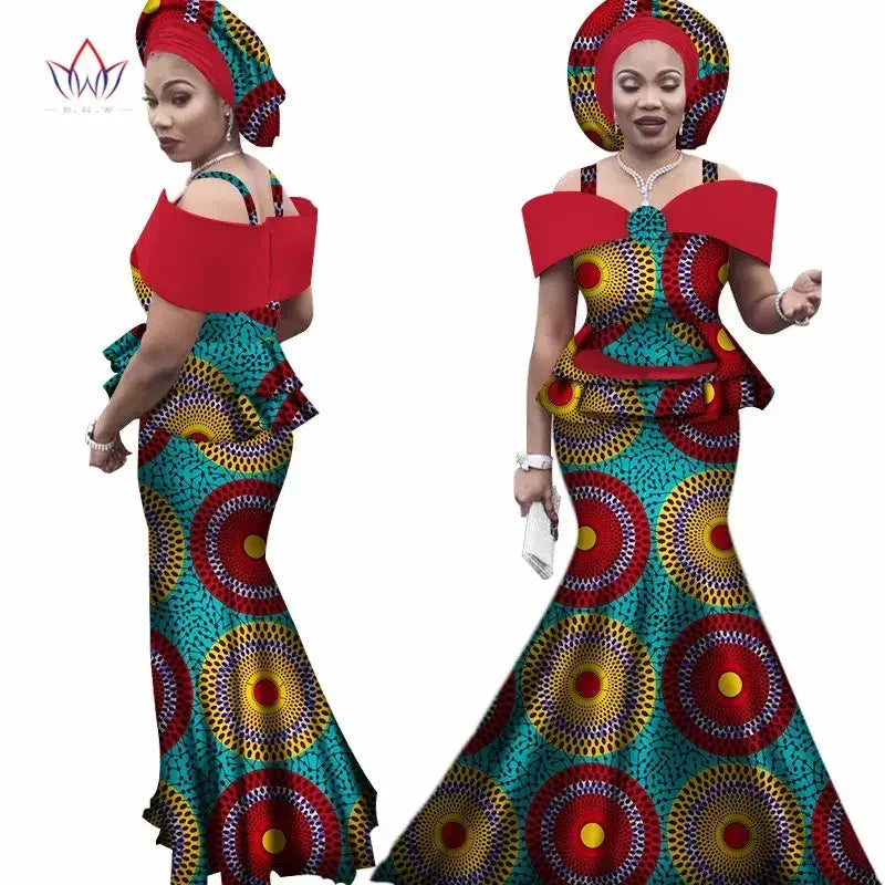 African Outfits with Headtie for Women Dashiki Bazin Print Strap Tops and Long Skirts Women Set African Clothing WY3113