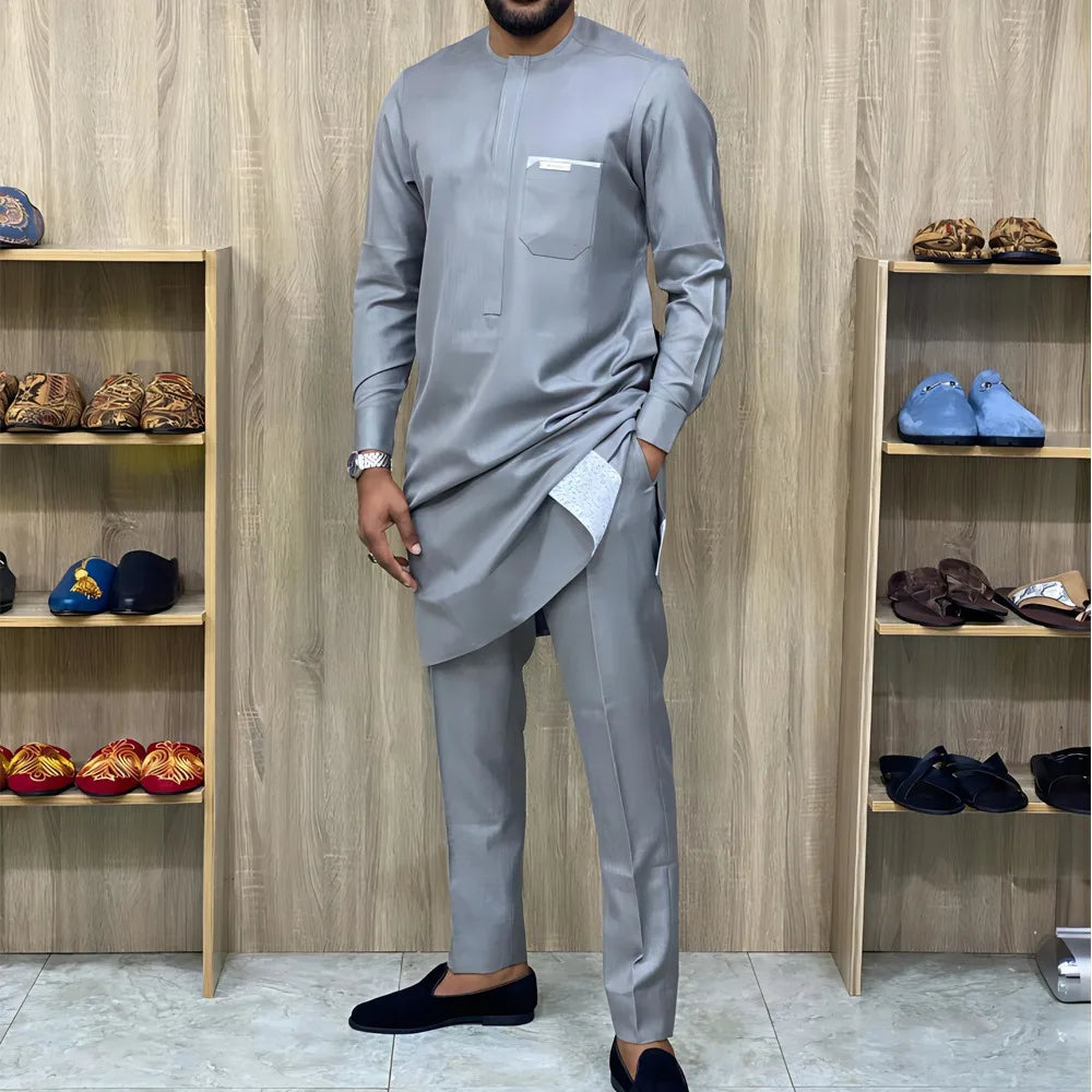 Ensemble 2 pièces ethnique africain pour hommes, décontracté, manches longues, couleur unie, chemise et pantalon, confortable, vêtements de détente, nouvelle collection automne 2024