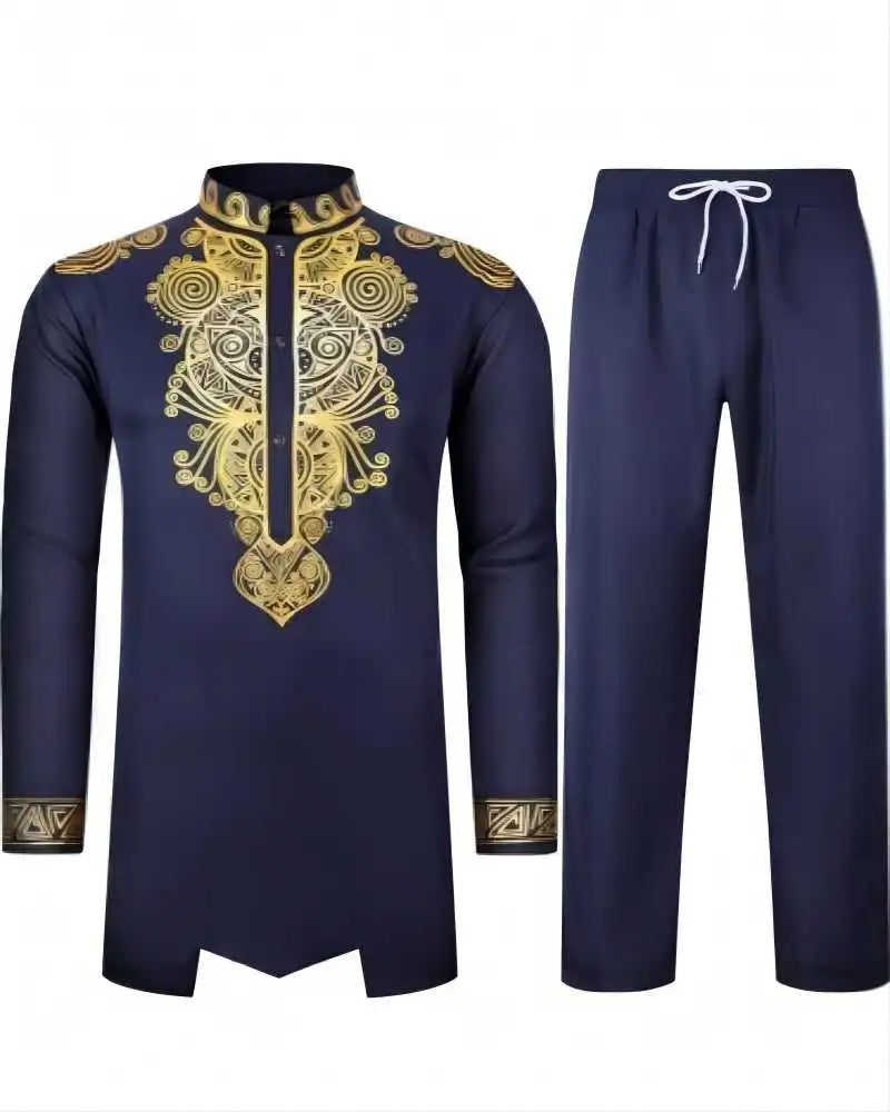 Chemise africaine à manches longues pour hommes, chemise à col chinois imprimé en métal doré, ensemble deux pièces pour Festival National traditionnel de mariage