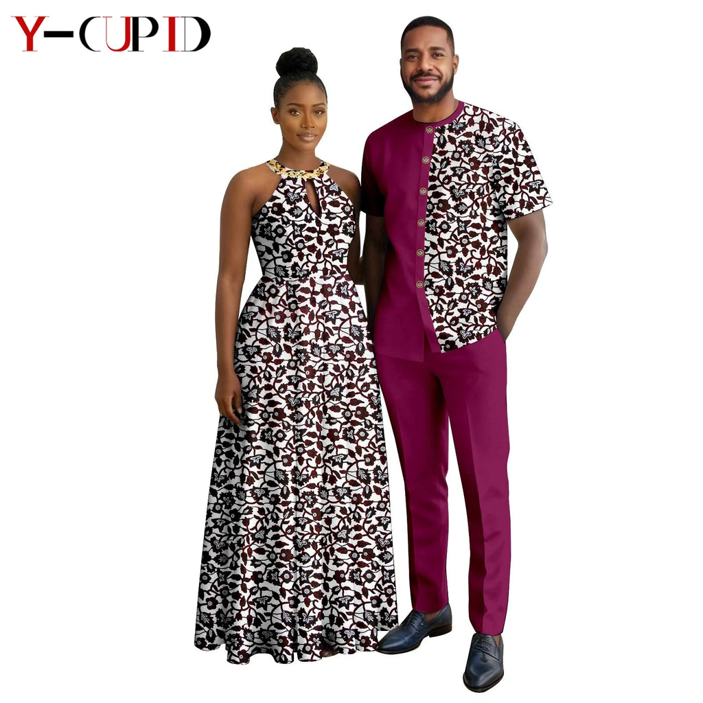 Robes africaines à imprimé Halter pour femmes, tenues assorties pour hommes, ensembles chemise et pantalon, vêtements de couple africains pour fête 26C005
