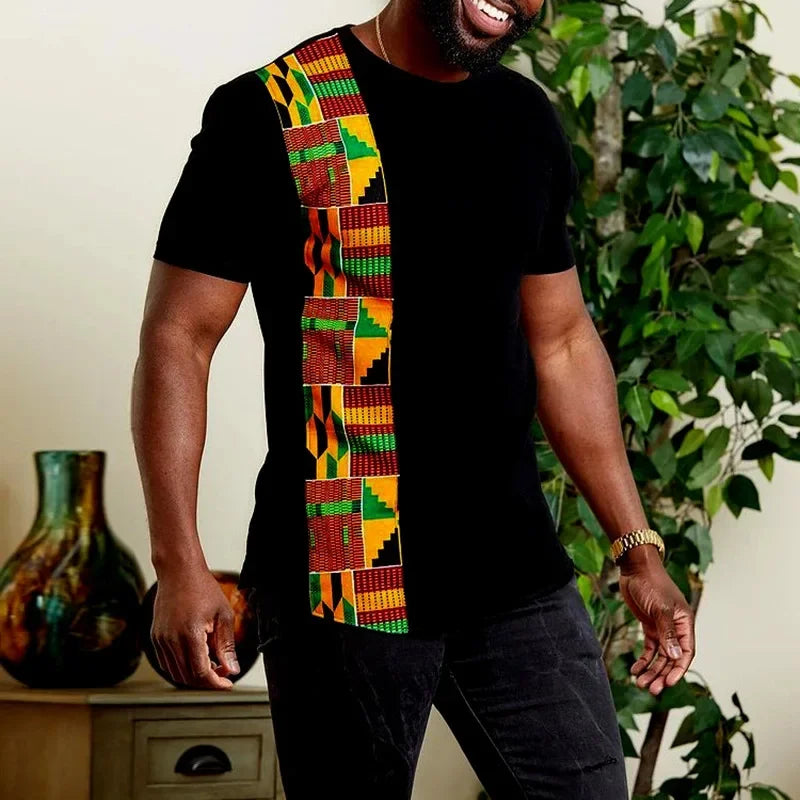 T-Shirt à manches courtes pour hommes, motif Kente africain, noir, coupe cintrée, ethnique, décontracté, haut tendance