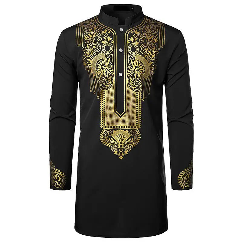 Abaya islamique arabe pour hommes Robe imprimé ethnique col montant chemise mi-longue pour jeunes manteau de luxe vêtements décontractés pour hommes musulmans à la mode