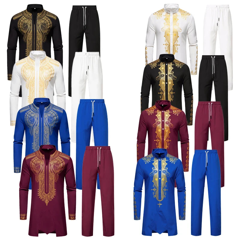 Ensemble de Robe imprimé africain à col montant pour hommes, noir/blanc, tenue de chef Tribal du moyen-orient de saphir, haut + pantalon, 2 pièces, 2026