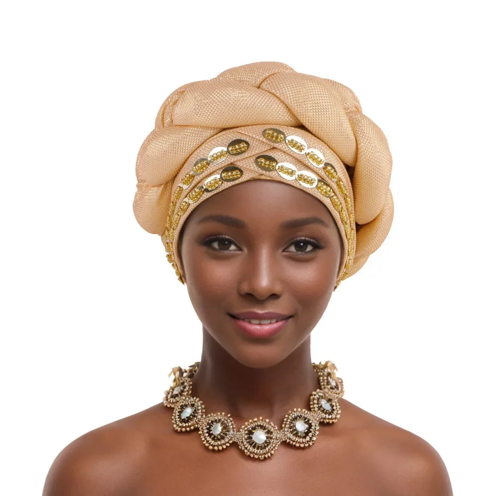 Auto Gele-Turban Africain pour Femme Musulmane, Cravate de Sauna, Chapeau Rond Plissé, Hijab Aso Oke NigWin, Foulard de Tête