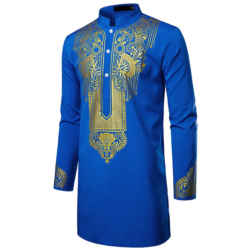 Abaya islamique arabe pour hommes Robe imprimé ethnique col montant chemise mi-longue pour jeunes manteau de luxe vêtements décontractés pour hommes musulmans à la mode