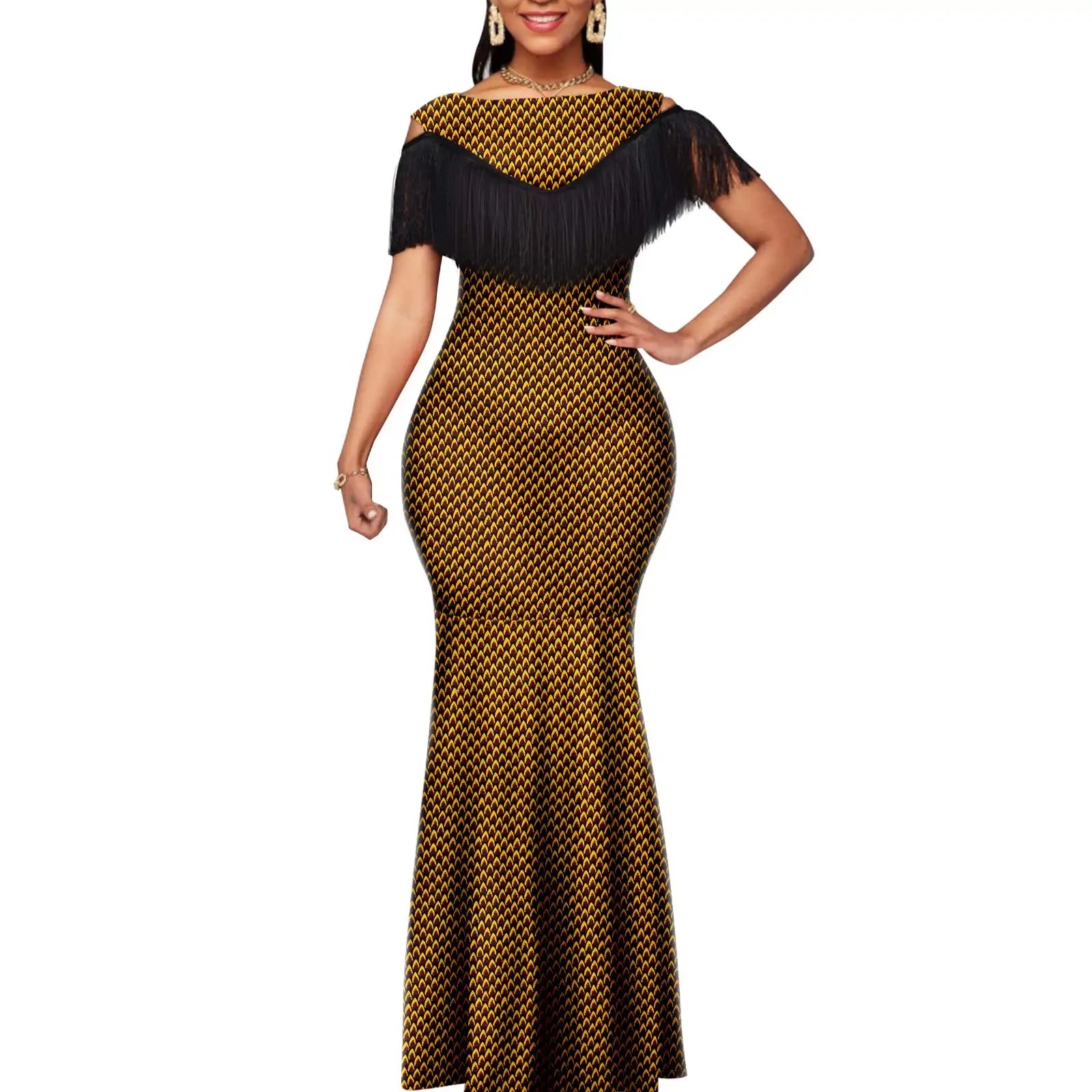 African Dresses for Women Matching Couple Outfits Bazin Riche Dashiki Slim Tassel Print Long Dresses for Party Vestidos Y23C009