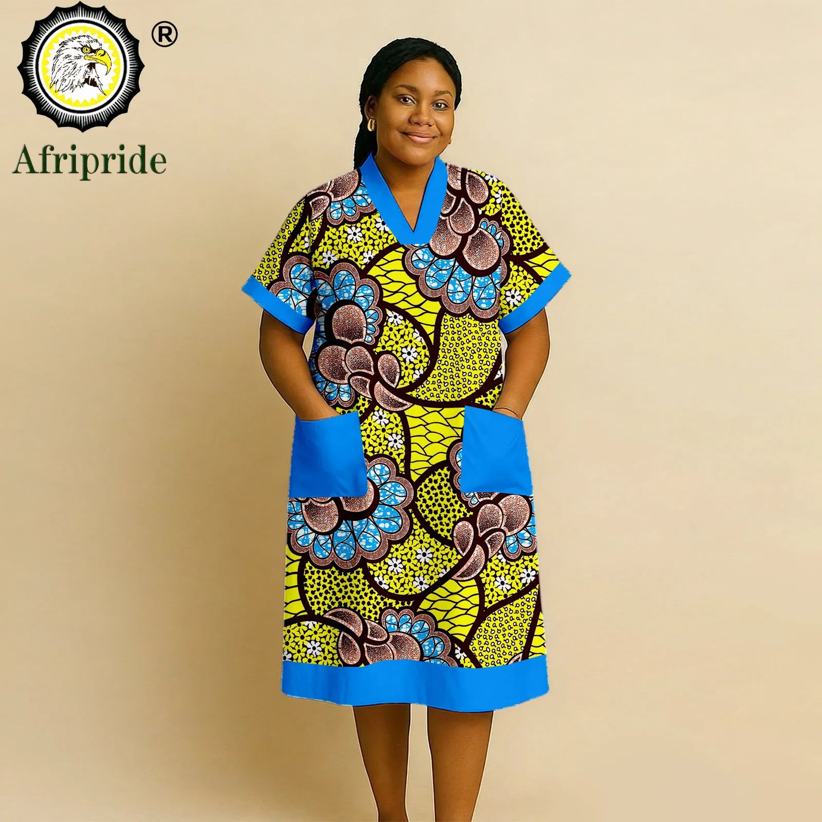 African Dresses for Women Short Sleeve V-Neck High Waist Pocket Elegant Fashion Ankara Attire Floral Printed Dresses 2625032