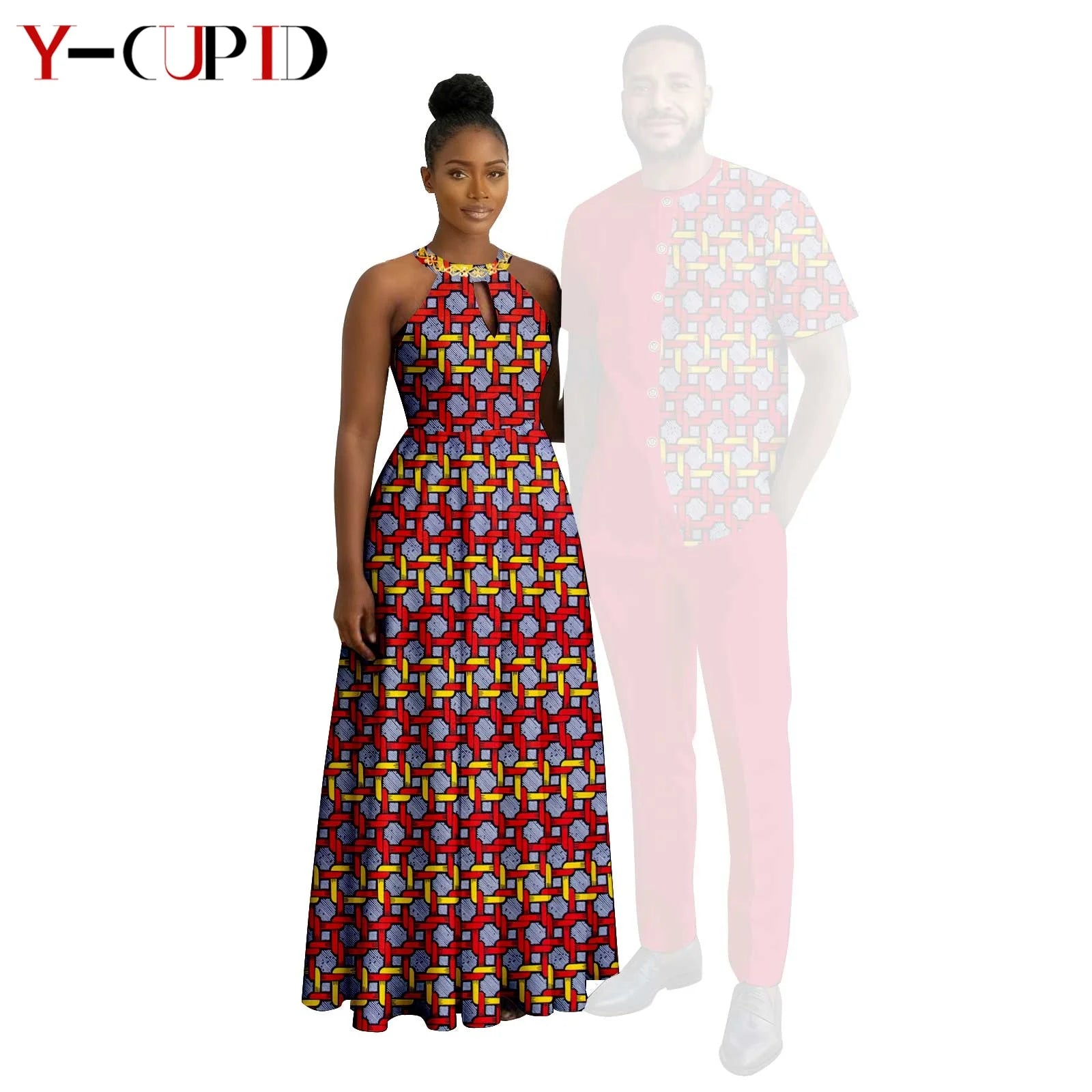 Robes africaines à imprimé Halter pour femmes, tenues assorties pour hommes, ensembles chemise et pantalon, vêtements de couple africains pour fête 26C005