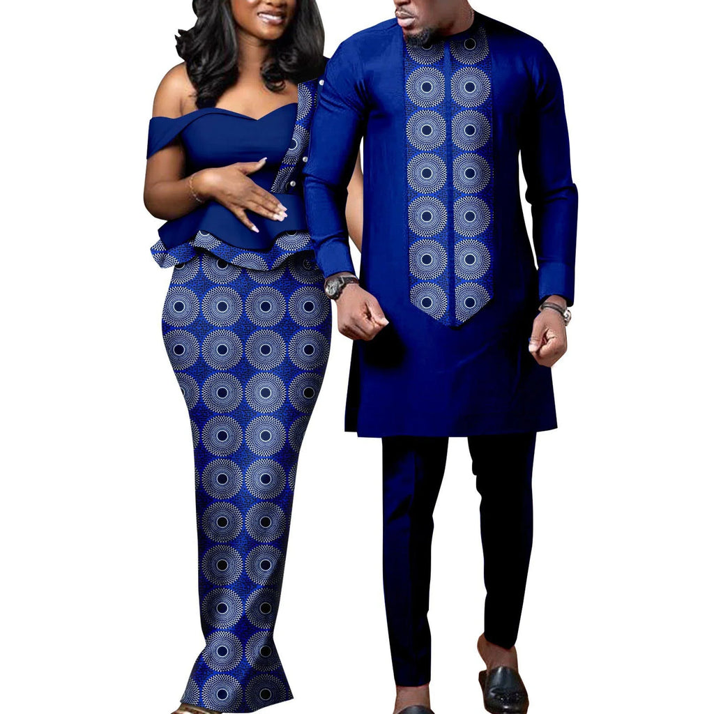 Robes africaines pour femmes, tenues assorties pour couples Bazin Lover, robes de soirée sirène imprimées, ensembles chemise et pantalon pour hommes, tenues de mariage
