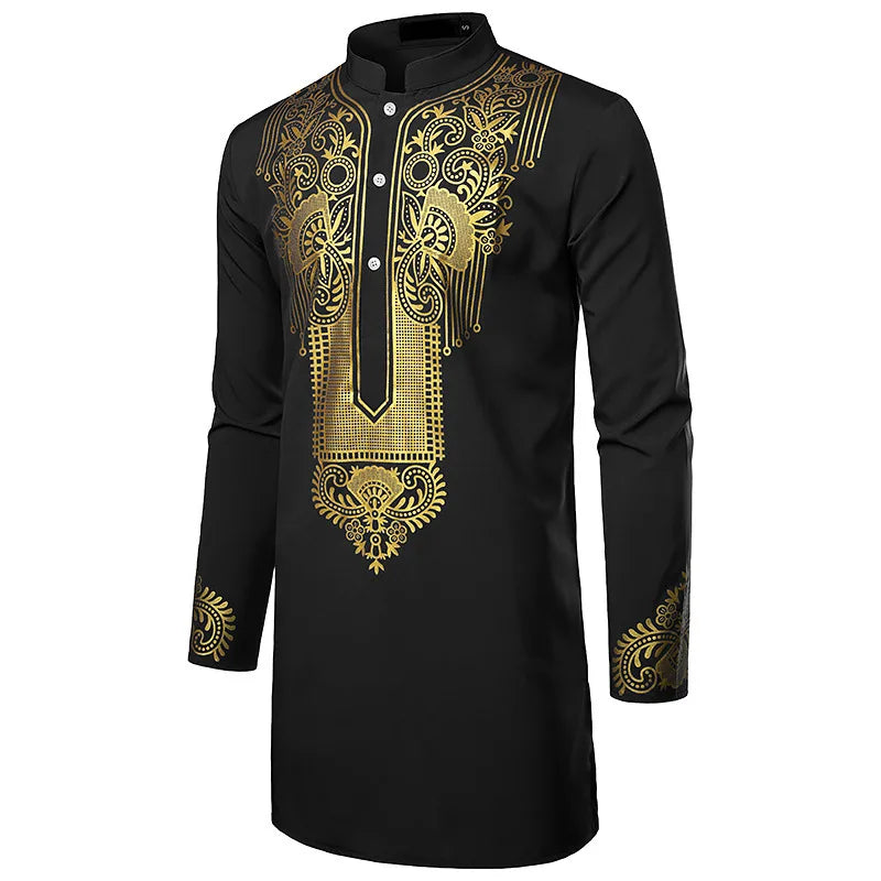 Abaya islamique arabe pour hommes Robe imprimé ethnique col montant chemise mi-longue pour jeunes manteau de luxe vêtements décontractés pour hommes musulmans à la mode