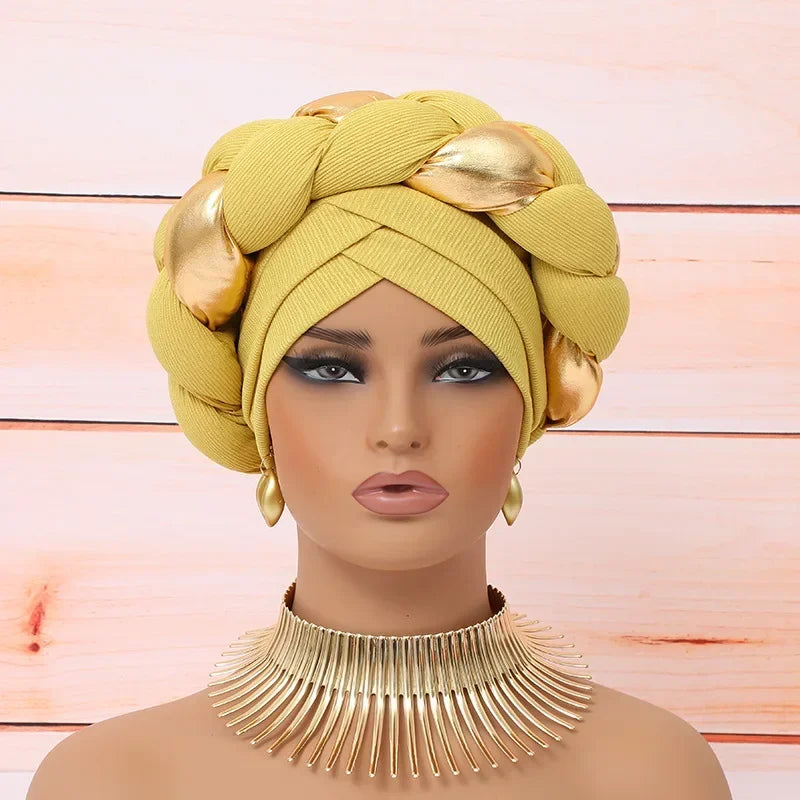 Auto Gele-Turban Africain pour Femme Musulmane, Cravate de Sauna, Chapeau Rond Plissé, Hijab Aso Oke NigWin, Foulard de Tête
