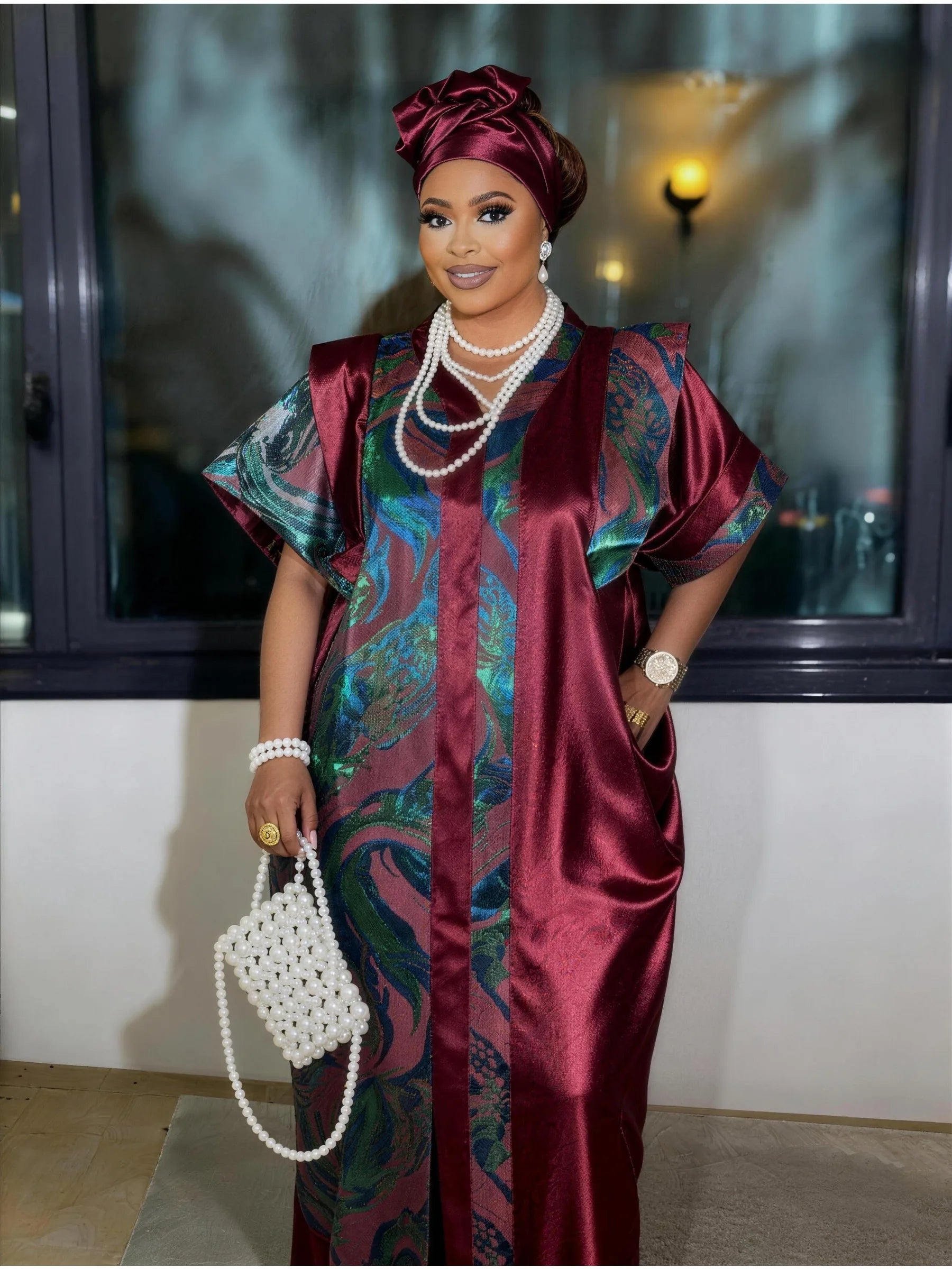African Women Kaftan Loose Fit Jacquard Satin Fabric Waist Tie Maxi Dress Plus Size
