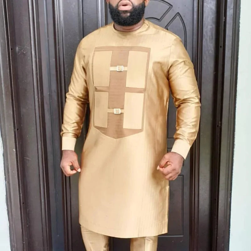 Costume de mariage traditionnel africain musulman pour homme, ensemble 2 pièces, haut à col rond à manches longues et pantalon, tenue formelle pour le marié118