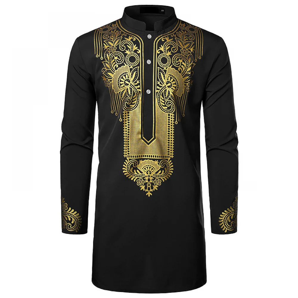Chemise africaine traditionnelle pour hommes, imprimé fleurs dorées, chemise à manches longues, tenues ethniques décontractées, Streetwear africain de mariage