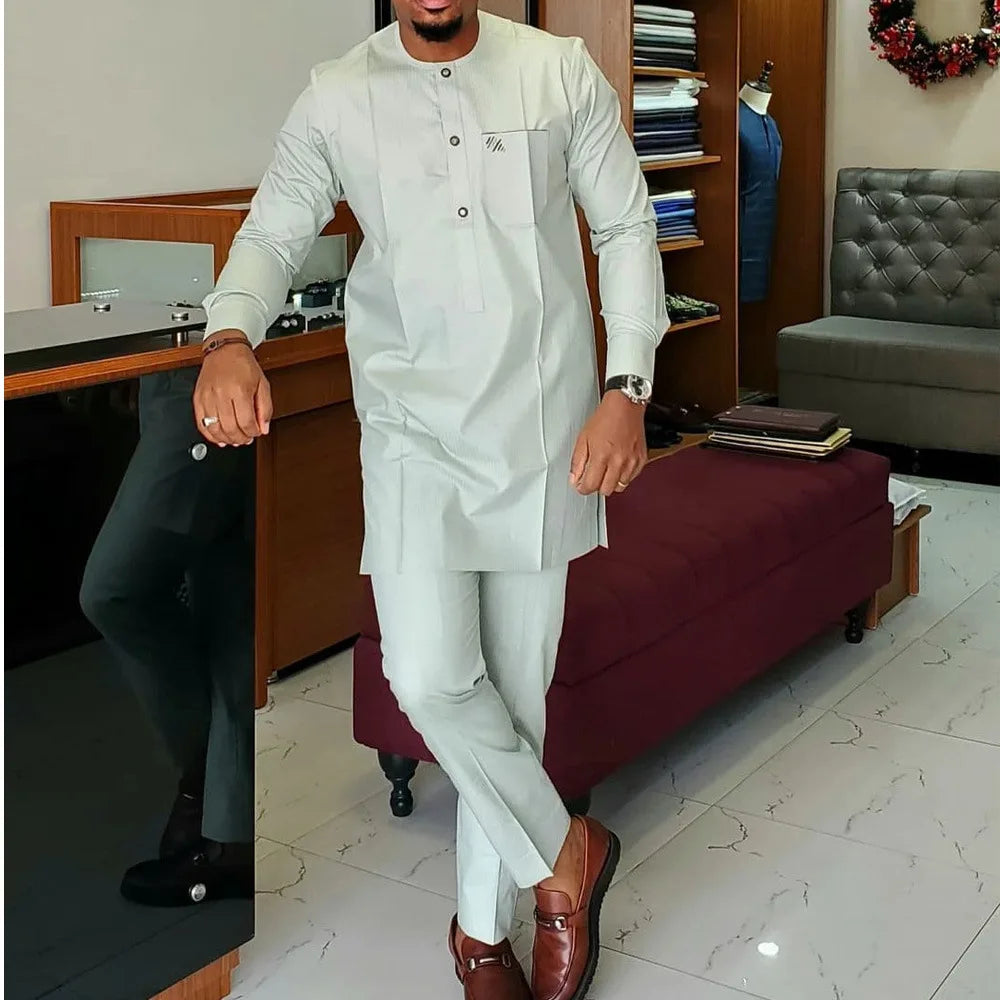 Chemise africaine pour hommes, tenues de fête, poches ethniques, épissage, Simple, manches longues, col rond, chemisier, pantalon, costume deux pièces