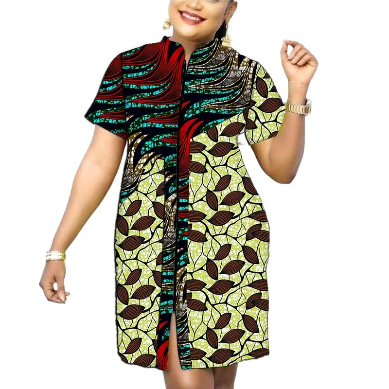 Original Design African Print Women’s Dress Stand Collar Frock Tailored Traditional Party Wear Retro Patchwork Designs