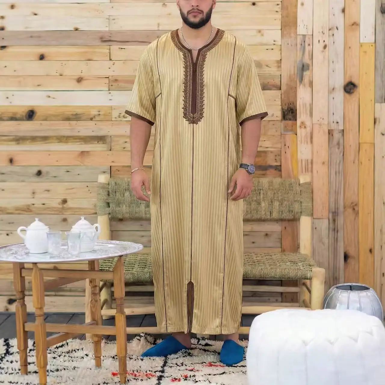 Gandoura marocaine pour hommes musulmans, thobe ample à manches courtes, broderie magnifique, vêtements traditionnels islamiques confortables pour hommes, pour les fêtes