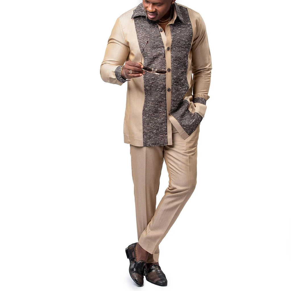 Costume traditionnel africain pour homme, chemise à manches longues de style ethnique imprimée et patchwork, pantalon décontracté, ensemble 2 pièces pour les vacances