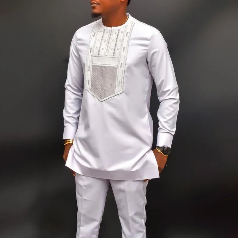 Costume de mariage traditionnel africain musulman pour homme, ensemble 2 pièces, haut à col rond à manches longues et pantalon, tenue formelle pour le marié118