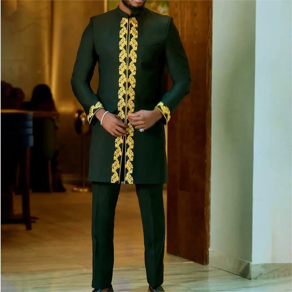 Vêtements pour hommes africains costume deux pièces pantalon ensemble col rond couture couleur unie manches longues Festival Style ethnique social