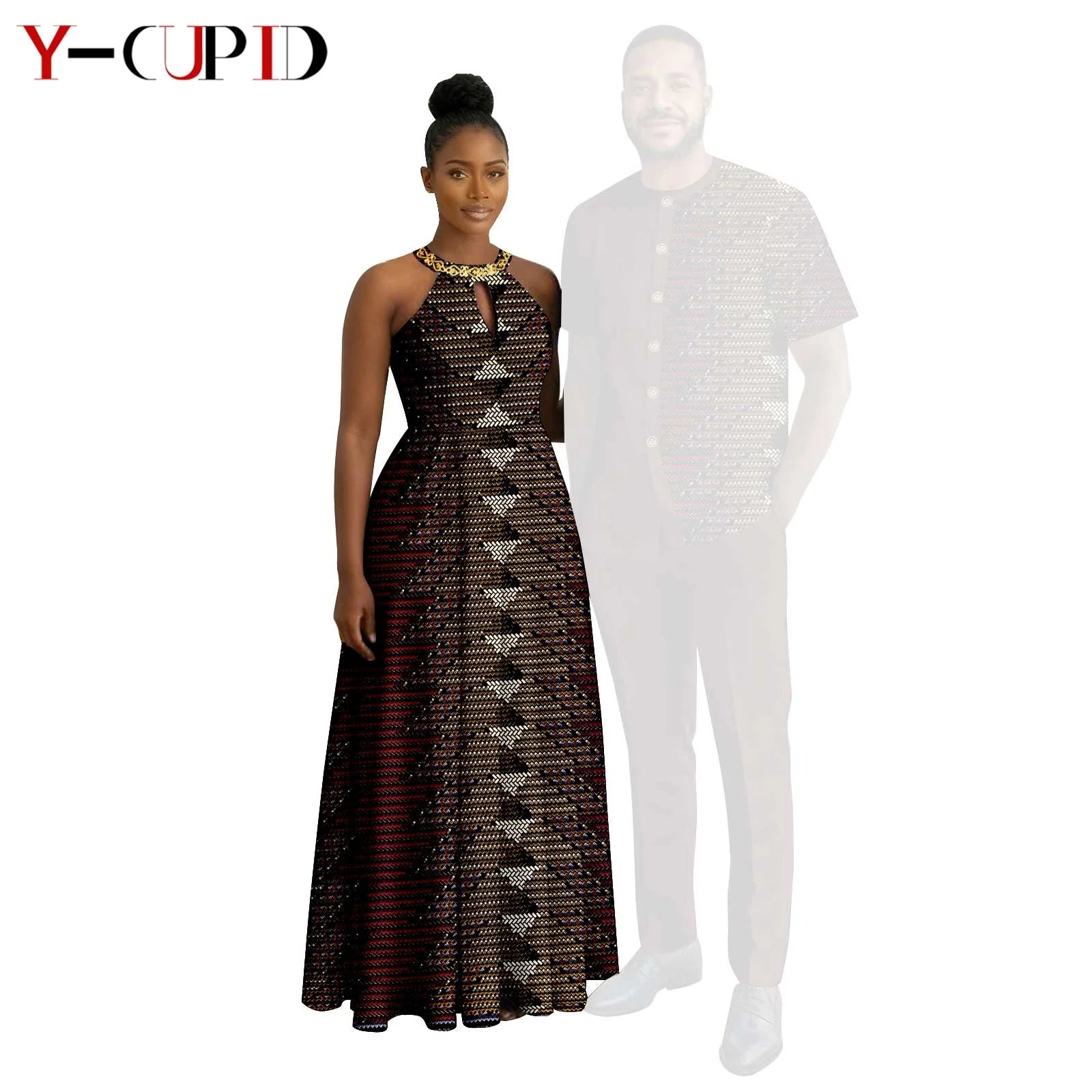 Robes africaines à imprimé Halter pour femmes, tenues assorties pour hommes, ensembles chemise et pantalon, vêtements de couple africains pour fête 26C005