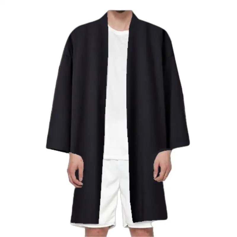 Robe d'été noire pour hommes, vêtements de samouraï, couleur unie, ample, Costume traditionnel asiatique, cape Kimono japonaise de plage, manteau de protection solaire