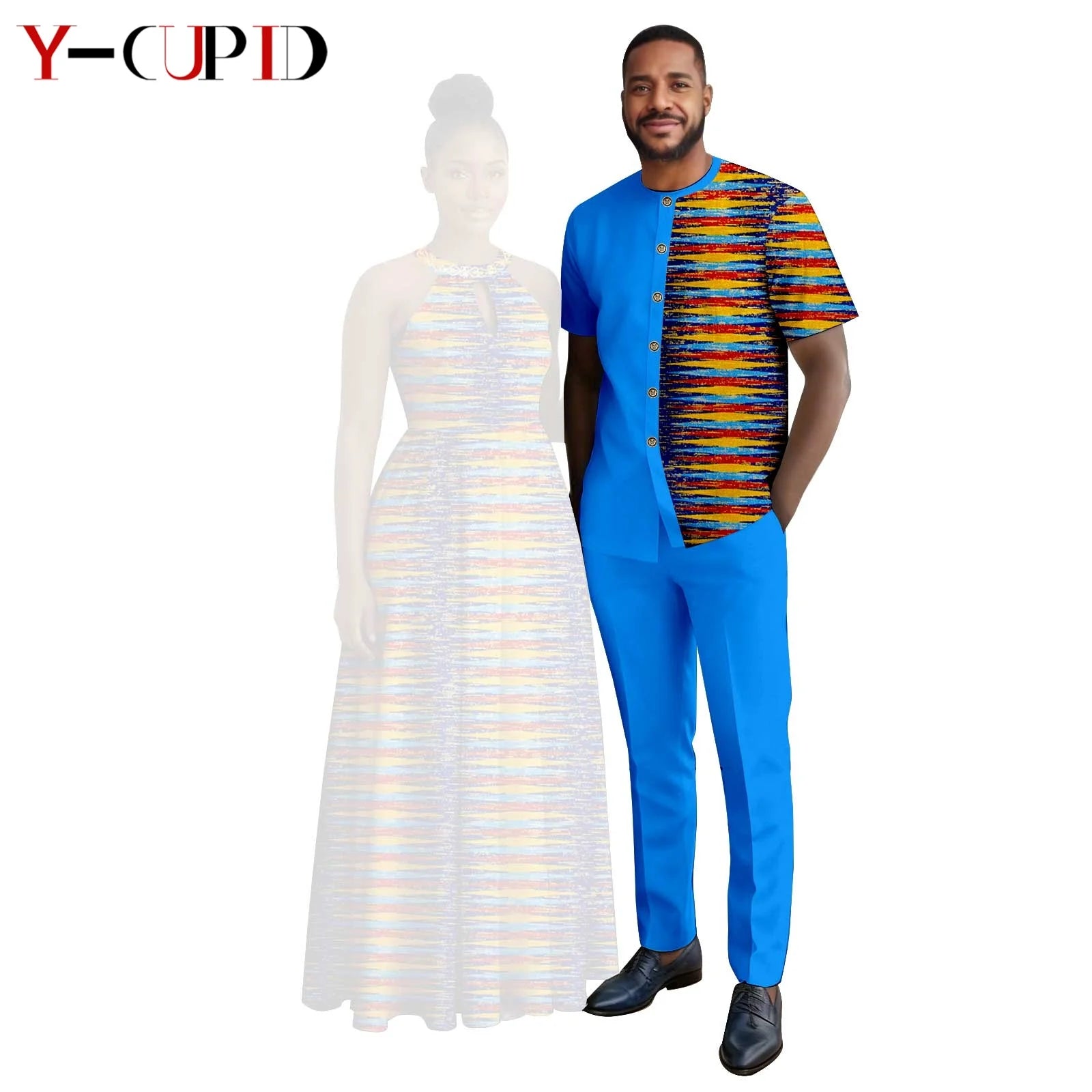 Robes africaines à imprimé Halter pour femmes, tenues assorties pour hommes, ensembles chemise et pantalon, vêtements de couple africains pour fête 26C005