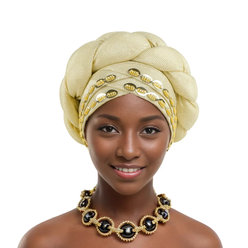 Auto Gele-Turban Africain pour Femme Musulmane, Cravate de Sauna, Chapeau Rond Plissé, Hijab Aso Oke NigWin, Foulard de Tête
