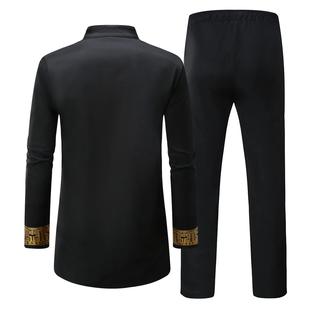 Ensemble chemise et pantalon pour hommes africains, 2 pièces, imprimé en métal, manches longues, Kaftan Dashiki, uniforme traditionnel africain, Costume décontracté à la mode